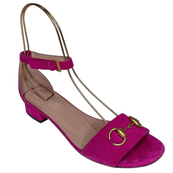 Gucci Fuchsia Pink Suede Horsebit Ankle Strap Sandals EU 38 US 8 Block Heel Pump - Picture 1 of 9